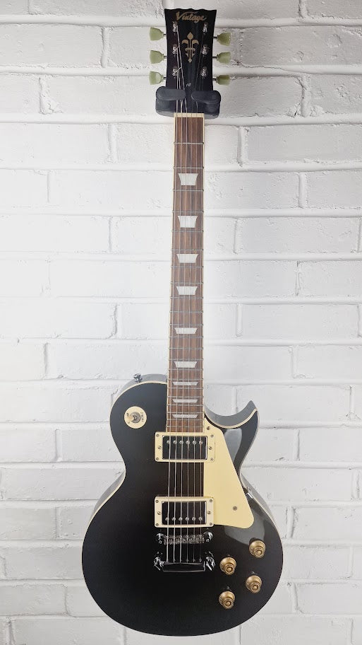 VINTAGE V100 CHROME HARDWARE GLOSS BLACK ELECTRIC GUITAR