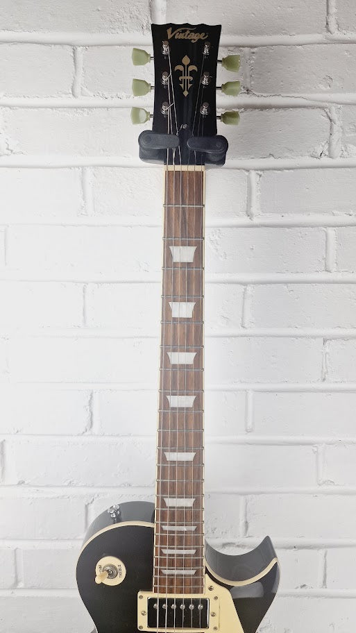 VINTAGE V100 CHROME HARDWARE GLOSS BLACK ELECTRIC GUITAR