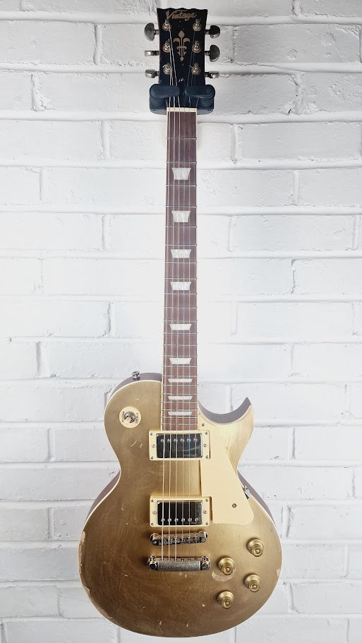 VINTAGE V100MRGT DISTRESSED LES PAUL GOLD TOP ELECTRIC GUITAR