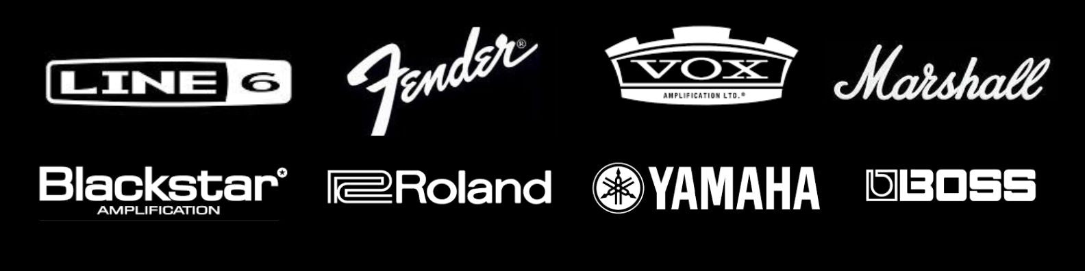 Logos of leading music equipment brands that Gear Up Music buys: Line 6, Fender, VOX, Marshall, Blackstar Amplification, Roland, Yamaha, and BOSS
