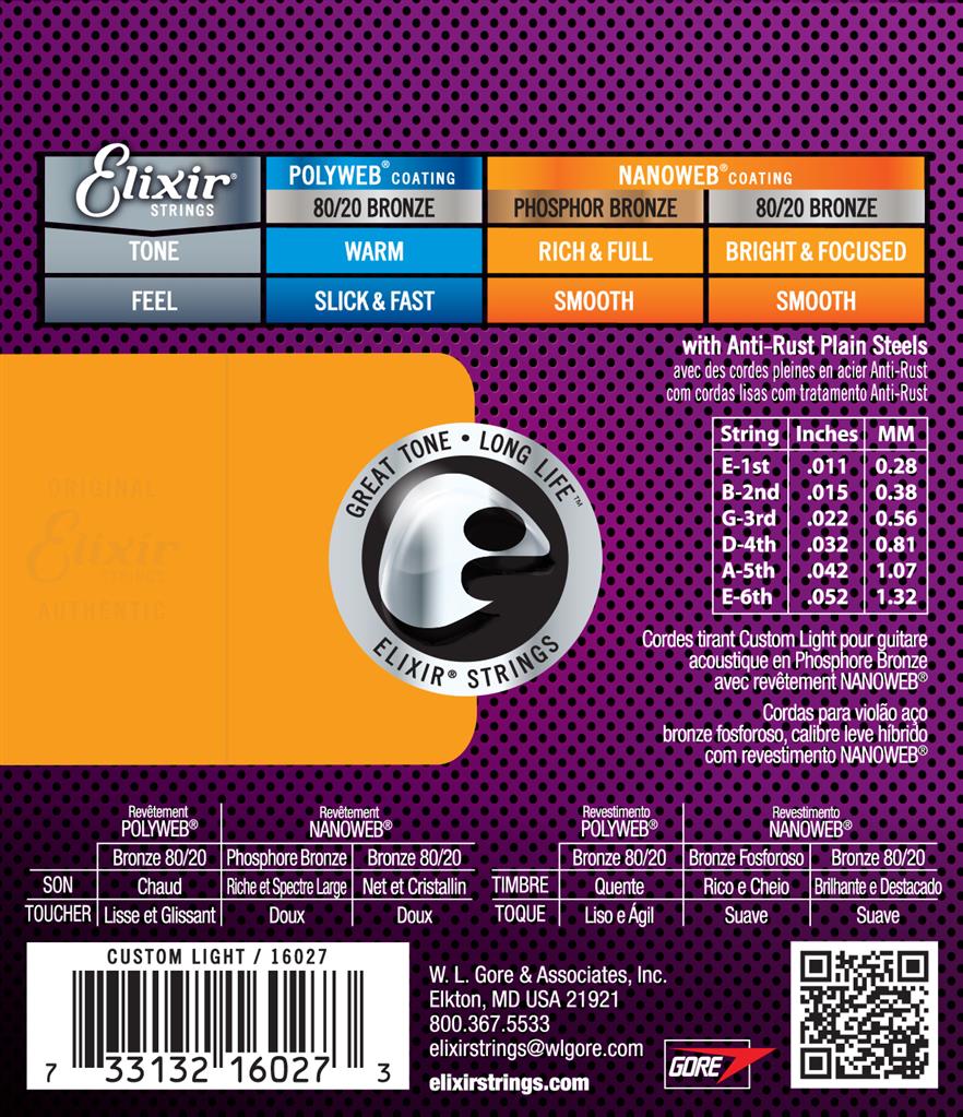 ELIXIR NANOWEB PHOSPHOR BRONZE ACOUSTIC GUITAR STRINGS 11-52 (16027)