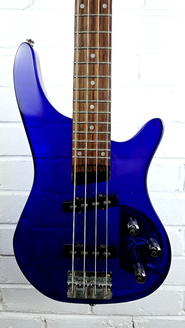WESLEY BLUE ACRYLIC 4 STRING ELECTRIC BASS GUITAR