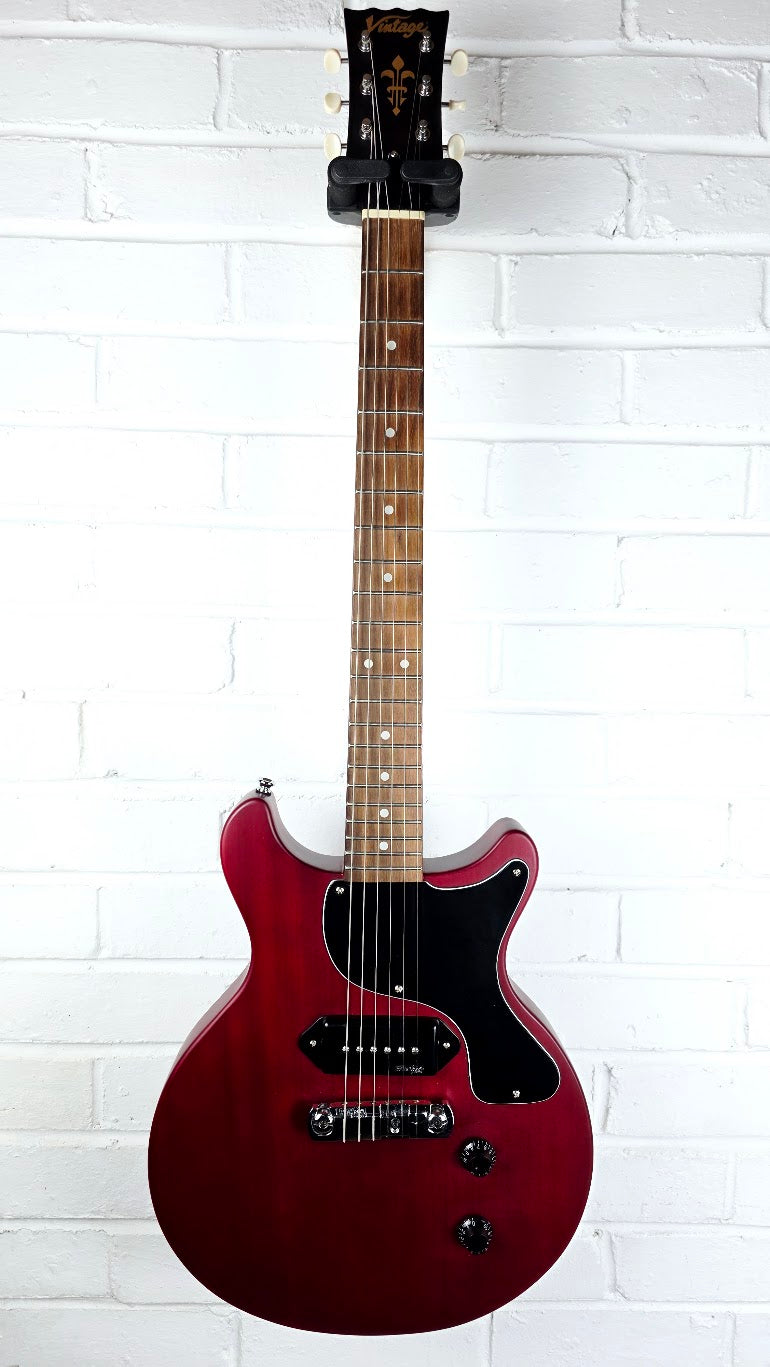 VINTAGE V130-CRS REISSUED SERIES SATIN CHERRY DOUBLE CUT ELECTRIC GUITAR