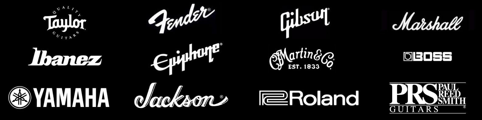 Logos of various musical instrument brands that Gear Up Music buy including Taylor Guitars, Fender, Gibson, Martin & Co., Yamaha, Ibanez, Epiphone, Jackson, Roland, Marshall, BOSS, and Paul Reed Smith Guitars