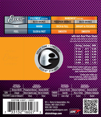 ELIXIR NANOWEB PHOSPHOR BRONZE ACOUSTIC GUITAR STRINGS 11-52 (16027)