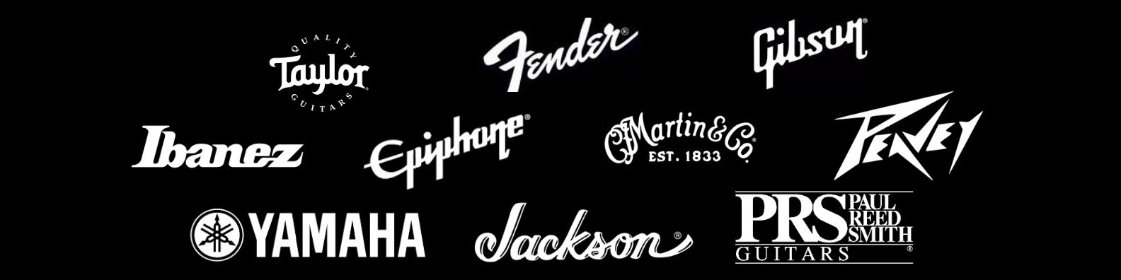 Logos of guitar brands Gear Up Music buy including Taylor, Fender, Gibson, Ibanez, Epiphone, Martin & Co., Yamaha, Jackson, PRS, and Peavey